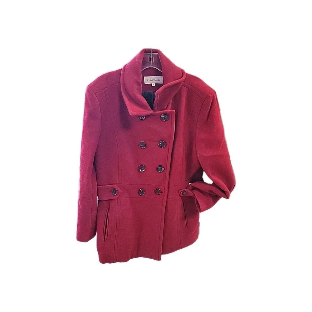 Calvin Klein Wool Blend Red Double Breasted Peacoat Coat Women's Size 14